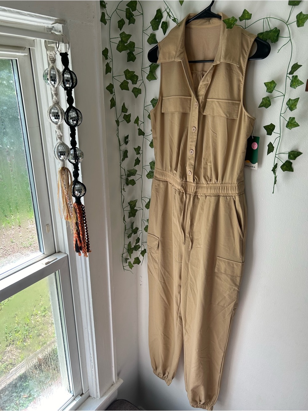 NWT Halara Tan Sleeveless Cargo Utility Jogger Jumpsuit
